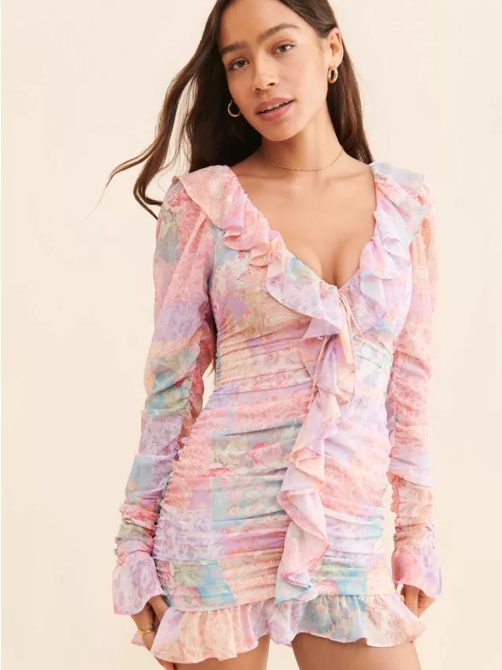 For Love & Lemons Veronica Ruched Floral Ruffle Mini Dress NWT XS $229
